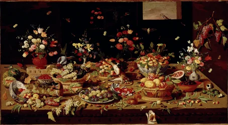 Asetelma hedelmillä ja kukilla Pöydän päällä on viikunoita, luumuja, granaattiomenia, viinirypäleitä, persikoita sisältäviä ruokia. Jan Van Kesselin (1626-1679) kuparimaalaus Galleria Doria Pamphilj, Rooma - Kukkien, hedelmien ja eläinten asetelma, Jan Van