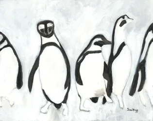 Pingviinit Woodland Parkin eläintarhassa, noin 2021 (sumi-muste ja gesso paperille).