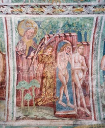 Hrastovljen linnoituskirkko, Kolminaisuuden kirkko, Aatami ja Eeva karkotettu paratiisista (1490), yksityiskohta freskoista Janez Iz Kastva, Slovenia