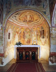 Hrastovljen linnoitettu kirkko, Trinity Church, Apostolit (1490), yksityiskohta Janez Iz Kastvan freskoista, Slovenia