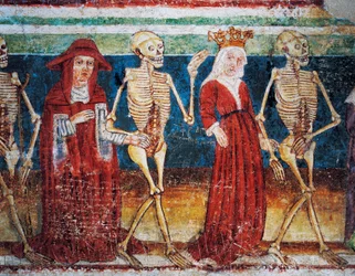 Hrastovljen linnoitettu kirkko, Kolminaisuuden kirkko, Kuolema kuningattaren ja kardinaalin kanssa, Kuoleman tanssi (1490), yksityiskohta Janez Iz Kastvan freskoista, Slovenia