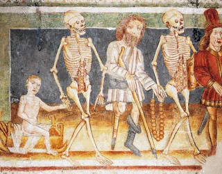 Hrastovljen linnoituskirkko, Kolminaisuuden kirkko, Kuolema lasta ja köyhää, Kuoleman tanssi (1490), yksityiskohta Janez Iz Kastvan freskoista (1490), Slovenia