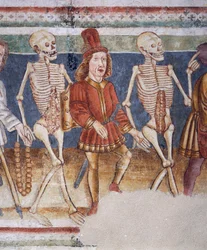 Hrastovljen linnoitettu kirkko, Kolminaisuuden kirkko, Kuoleman saattaja kauppias ja varakas pankkiiri, Kuoleman tanssi (1490), yksityiskohta Janez Iz Kastvan freskoista, Slovenia