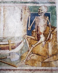 Hrastovljen linnoituskirkko, Kolminaisuuden kirkko, haudan avauslaatta, Kuoleman tanssi (1490), yksityiskohta Janez Iz Kastvan freskoista, Slovenia
