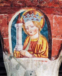 Hrastovljen linnoitettu kirkko, Kolminaisuuden kirkko, Santa Barbara, yksityiskohta Janez Iz Kastvan (1490) freskoista, Slovenia