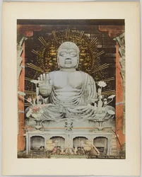 Daibutsu tai pronssikuva, Nara, Japani (käsinvärinen mustavalkokuva)
