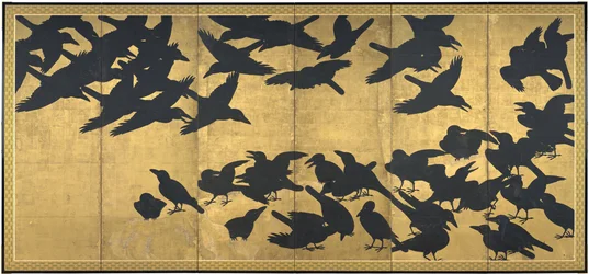 Crows, 1600-luvun alku (pari kuudesta paneelista; muste ja kulta päällä paperi)