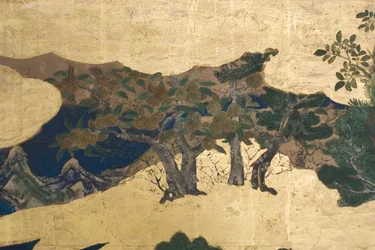 Yksityiskohta keväästä palatsissa, kuusinkertainen näyttö elokuvasta The Tale of Genji, n. 1650 (mustetta, värejä ja kultaa paperille)