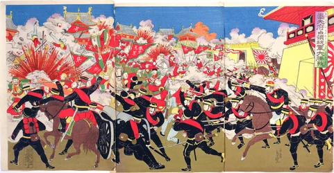Kovia taisteluita japanilaisten ja kiinalaisten joukkojen välillä kiinalaisessa kaupungissa, jakso Kiinan ja Japanin sodasta, 1800-luvun loppu (värillinen puupainatus)