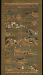 Prinssi Sh?tokun kuvitettu elämäkerta, riippuva kirjakäärö, Kamakura-kausi (1185–1333) (mustetta, väriä ja kultaa silkillä)
