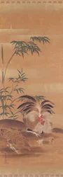 Japanilainen kakemono, jossa on kukko, kana ja poikasia