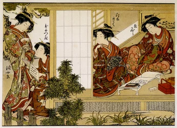 Japanilaiset naiset, jotka kirjoittavat ja lukevat. 1700-luvun printti.
