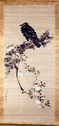 Kakemono (paperi- tai silkkirulla, pitkänomainen korkeus), joka edustaa korppia (kabasu), jumalten sanansaattajaa. 1700-luvulla. Genova, Museo Chiossone.
