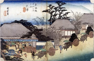 Talonpojat ylittävät kylän kärryillään - japanilainen printti
