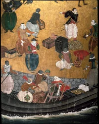 "Portugalilainen" näyttö kuvaa jesuiittaportugalilaisten lähetyssaarnaajien saapumista Japaniin 1500-luvulla - 1590-1614 - Yksityiskohta elintarvikkeiden kuoresta - Namban School