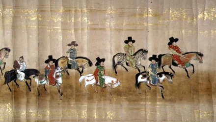 Kuudes Korean Japanin-suurlähetystö Meireki 1:ssä Tokugawa Ietsunan jälkeläisten aikaan vuonna 1651, mahdollisesti Kano Masunobu (1625-1694) (käärömaalaus) (yksityiskohta)