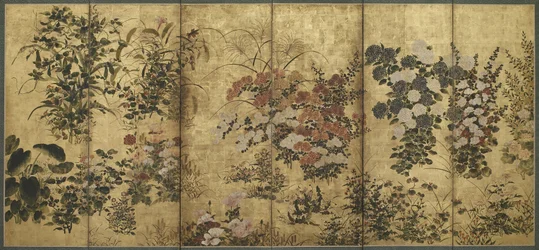 Kesä- ja syyskukat, Edo-kausi, 1615-68 (väri kultapaperin päällä)