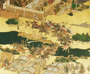 Halogeenin taistelu näytöltä, Momoyama-kausi (1568-1600) (kynä ja mustetta, väriä ja kultaa paneelissa) (yksityiskohta)
