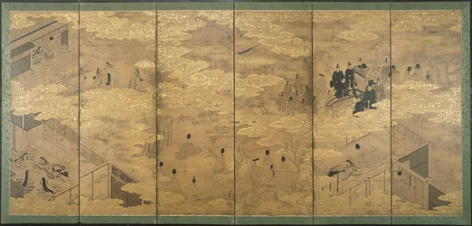 The Tale of Genji, 1600-luvun loppu - 1700-luvun alku (muste pigmentillä ja kultalehti kiillepaperilla) (pari 171424)