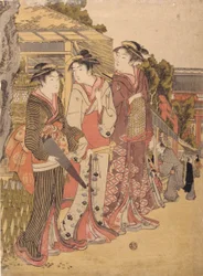 Three Beauties In The Marketplace (värillinen puupalikkaprintti)