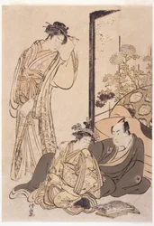 Kolme hahmoa, noin 1760-1810 (puupiirros) (woodblock)