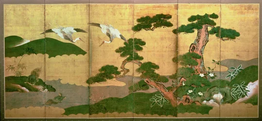 Kaksi nosturia sukeltamassa männyn ja kalliopuun takana, Edo-kausi