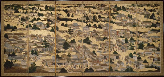 Näkymiä Kiotossa ja sen ympäristössä (Rakuchu rakugai zu), n.1616-24 (muste, väri ja lehtikulta paperille).