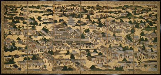 Näkymiä Kiotossa ja sen ympäristössä (Rakuchu rakugai zu), n.1616-24 (muste, väri ja lehtikulta paperille).