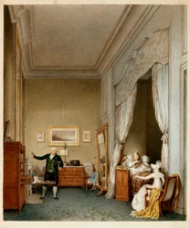 Habsburg-Lothringenin keisarillinen Maria Louise, Ranskan Imperatrice makuuhuoneessaan Rooman kuninkaan syntymän jälkeen vuonna 1813 (kaiverrus).