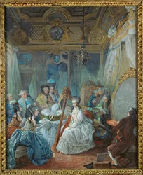 Marie-Antoinette asunnoissaan Versaillesissa hovin jäsenten ympäröimänä ...