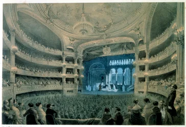Näkymä Opera Garnierin (Academy of Music) teatterisalista. Litografia Jean Baptiste Arnout (1788-1870). 1800-luvulla. Paris, B.N.