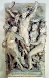 Les Bacchantes tanssii ympäri ja soittaa musiikkia. Jean-Baptiste (Jean Baptiste) Carpeaux