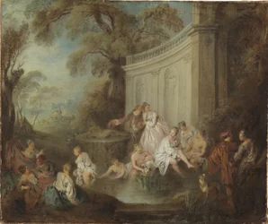 Puistossa kylpevä yritys - A Company Bather in a Park, kirjoittanut Pater, Jean-Baptiste (1695-1736). Öljy kankaalle. Koko: 49 x 59 cm. Tukholman kansallismuseo