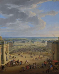 French: Vue perspective du château de Versailles sur la place d