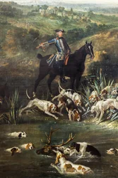 Ludvig XV metsästää peuroja Saint-Germainin metsässä, 1730 (öljy kankaalle).