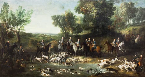 Ludvig XV metsästää peuroja Saint-Germainin metsässä, 1730 (öljy kankaalle).