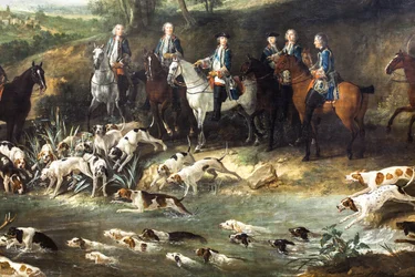 Ludvig XV metsästää peuroja Saint-Germainin metsässä, 1730 (öljy kankaalle).