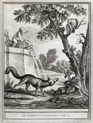 Korppi ja kettu, Jean-Baptiste Oudryn (1686-1755) kuvitus Jean de La Fontainen (1621-1695) satuun