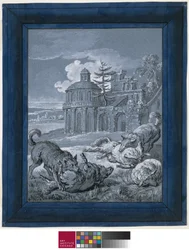 Wolves Attacking Sheep (Rein de Trop II) 1732 (kynä & muste pesuaineella ja guassi paperilla)