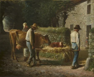 Talonpojat tuomassa kotiin pelloilla syntyneen vasikan, 1864