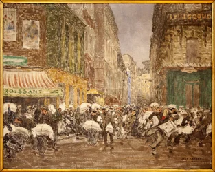 Iltapäivälehtien julkaisu, rue du Croissant vuonna 1914, Jean Louis (Jean-Louis) Lefortin (1875-1954) maalaus, jossa näkyy perinteisesti suuressa osassa Pariisin kaupungin 2. kaupunginosaa perustetun lehdistön toimintaa, At the cafe du Cr...