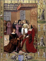 Jean Marot tarjoaa kirjansa "Matka Genovaan" Bretagnen kuningatar Annelle. Jean Bourdichonin illuminaation mukaan, noin 1508