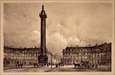 Näkymä Trajanuksen sarakkeen kopiosta Place Vendomessa, julkaisija Auguste Bry (litho)