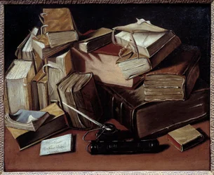 Jean Andreas Bisetin (1672-n. 1710) maalaus asetelma kirjojen kanssa. Bourg en Bresse, Musee de Breu - Asetelma kirjojen kanssa. Jean Andreas Bisetin maalaus (1672-n. 1710). Breu-museo, Bourg en Bresse, Ranska