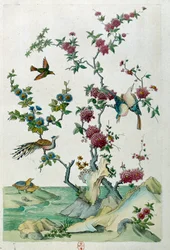 Piirustus kiinalaisesta maljakosta: lintuja ja kukkia. Jean Antoine Fraissen maalaus (1700-luku)