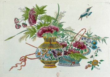 Kukkia maljakossa. Piirustus on peräisin kiinalaisesta maljakosta. Jean Antoine Fraissen maalaus (1700-luku)