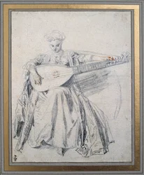 Luutunsoittaja Jean Antoine Watteau (1684-1721) piirtää lyijykaivoksen ja verta 1700-luvun Chantilly-museo Conde