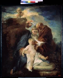 Pyhä perhe, lepää lennossa Egyptiin. Jean Antoine Watteaun (1684-1721) maalaus. Öljy kankaalle