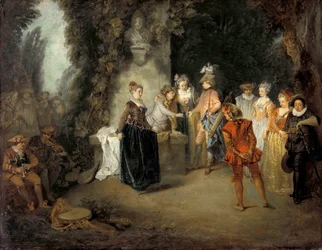 Ranskalainen komedia par Watteau, Jean Antoine (1684-1721), vuoden 1716 jälkeen - Öljy kankaalle, 37x48 - Valtion museot, Berliini