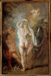 Pariisin tuomio Paimen Parisin on valittava, kenelle hän antaa kultaisen omenan, joka suunnittelee kolmesta jumalattaresta kauneimman, Athenan, Afroditen tai Heran. Jean Antoine Watteaun (1684-1721) maalaus Sun. 0,47x0,31 m